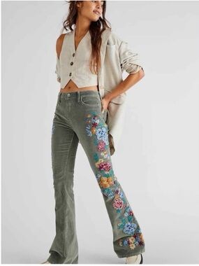 DRIFTWOOD x Free People Farrah Embroidered Corduroy Flare Pants Green Wide Leg